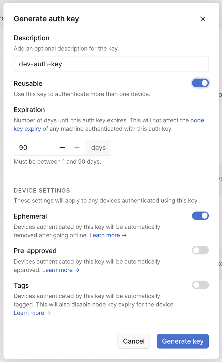 Tailscale's auth key generation page