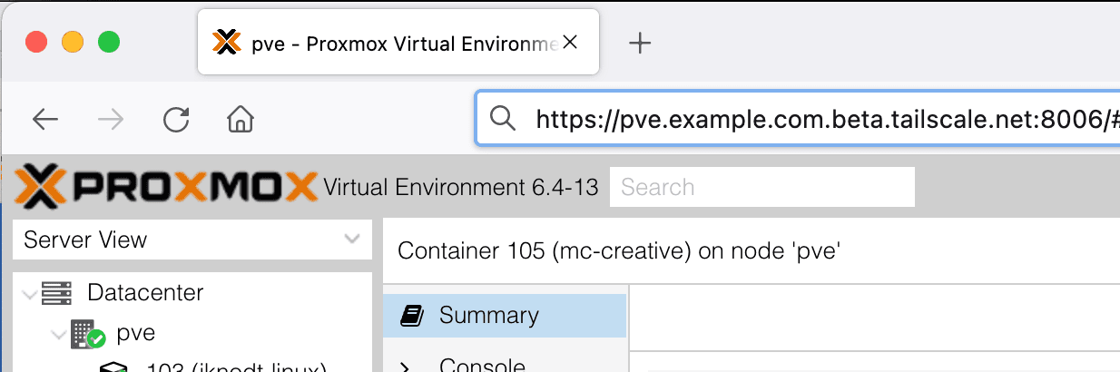 Access to the Proxmox Web UI via Tailscale.